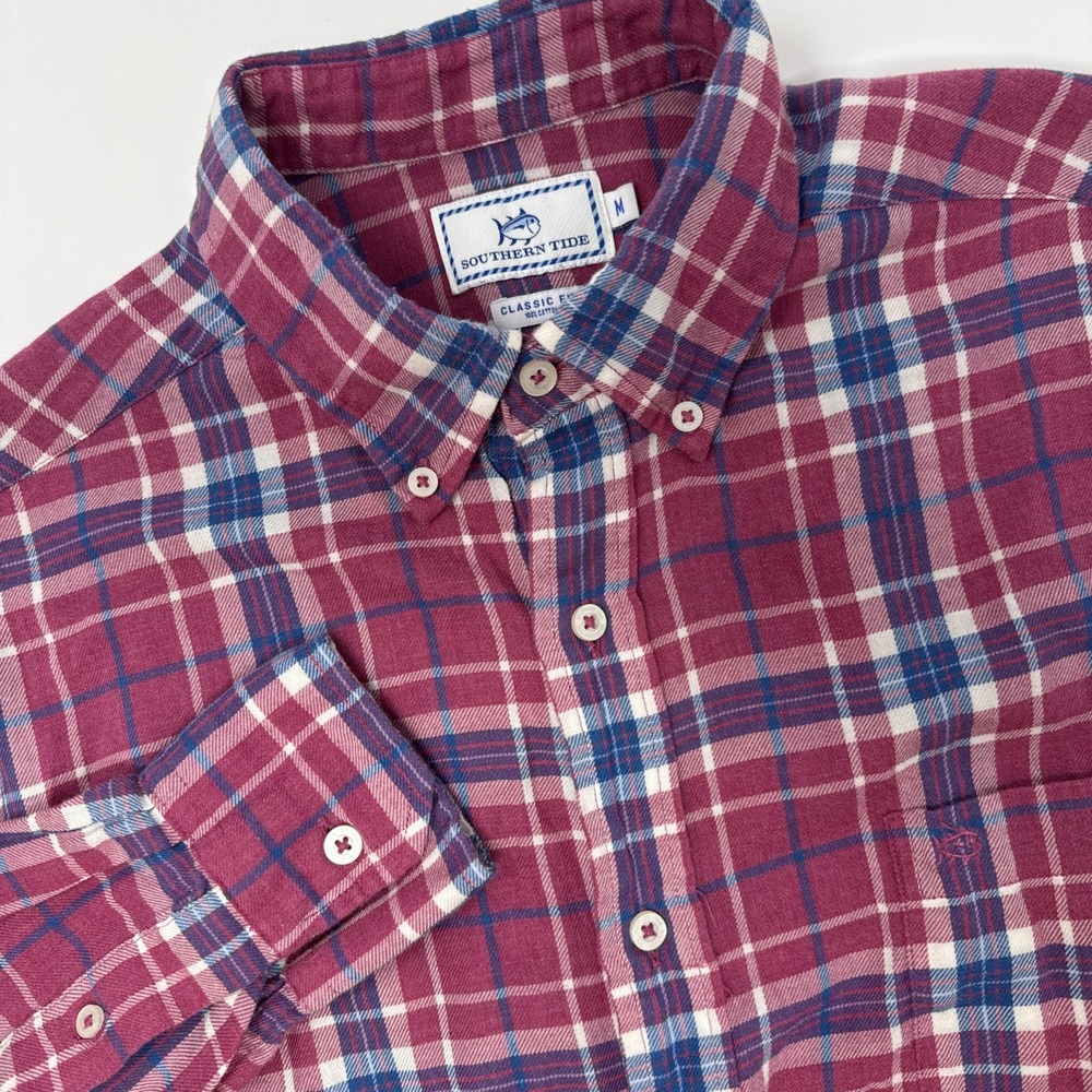 Southern Tide Mens Classic Fit Plaid Flannel Button Down Shirt Burgundy Medium
